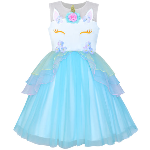 Girls Dress Blue Unicorn Costume Cosplay Princess Halloween Party Size 4-10 Years