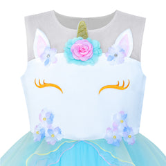 Girls Dress Blue Unicorn Costume Cosplay Princess Halloween Party Size 4-10 Years