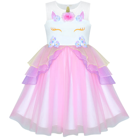 Girls Dress Pink Unicorn Costume Cosplay Princess Halloween Party Size 4-10 Years