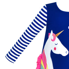 Girls Dress Cotton Long Sleeve Unicorn Embroidery Navy Blue Size 2-6 Years