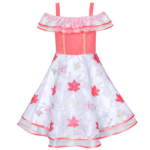 Flower Girls Dress Off Shoulder Maple Leave Coral Pageant Size 6-12 Years