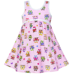 Girls Dress Sleeveless Pink Owl A-line Cotton Casual Size 2-6 Years