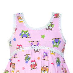 Girls Dress Sleeveless Pink Owl A-line Cotton Casual Size 2-6 Years