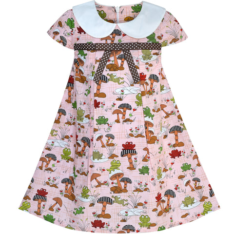 Girls Dress White Collar Frog Mushroom A-line Cotton Causal Size 2-6 Years