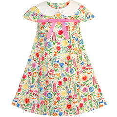 Girls Dress White Collar Floral A-line Cotton Causal Size 2-6 Years