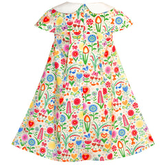 Girls Dress White Collar Floral A-line Cotton Causal Size 2-6 Years