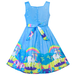 Girls Dress Unicorn Rainbow Blue Cartoon Princess Size 4-12 Years