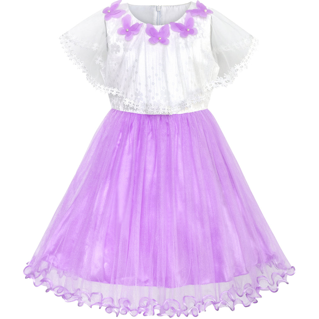 Girls Dress Cape Cloak Dress Purple Butterfly Wedding Size 5-12 Years