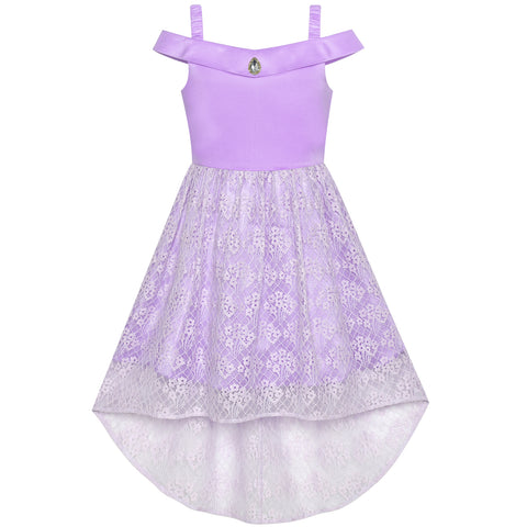 Girls Dress Purple Off Shoulder Hi-low Skirt Bridesmaid Size 7-14 Years