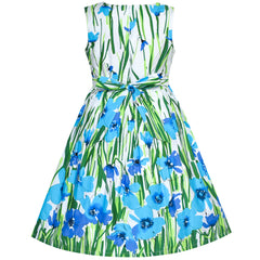Girls Dress Blue Flower Cotton Sleeveless Sundress Size 4-12 Years