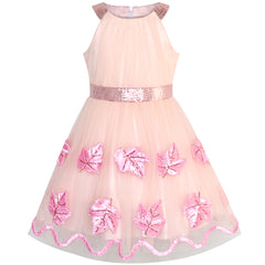 Girls Dress Pink Maple Leaf Embroidered Halter Dress Size 6-12 Years