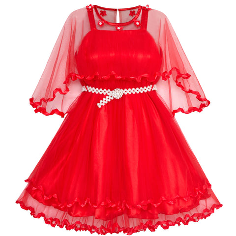 Girls Dress Red Cape Pearl Belt Wedding Party Size 3-14 Years