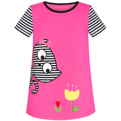 Girls Dress Cotton Cat Flower Embroidered Short Sleeve Size 2-6 Years
