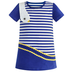Girls Dress Cotton Navy Blue Stripe Bird Embroidered Size 2-6 Years