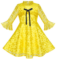 Girls Dress Lace Yellow Lotus Sleeve Party Dress Size 6-12 Years