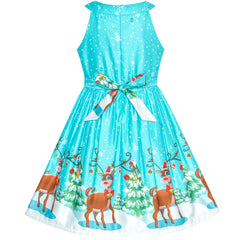Girls Dress Blue Christmas Tree Snow Reindeer New Year Size 7-14 Years