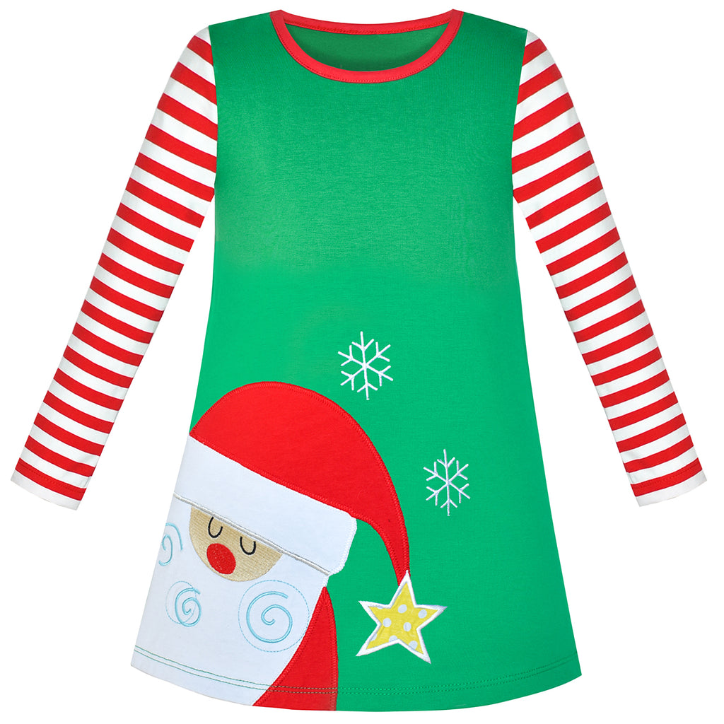 Girls Dress Santa Embroidery Green Cotton Long Sleeve Size 2-6 Years