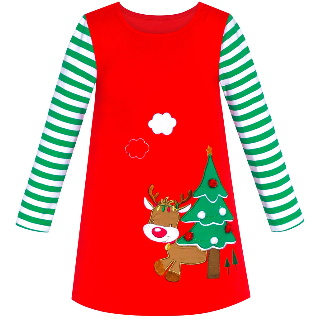 Girls Dress Christmas Tree Red Cotton Long Sleeve Size 2-6 Years