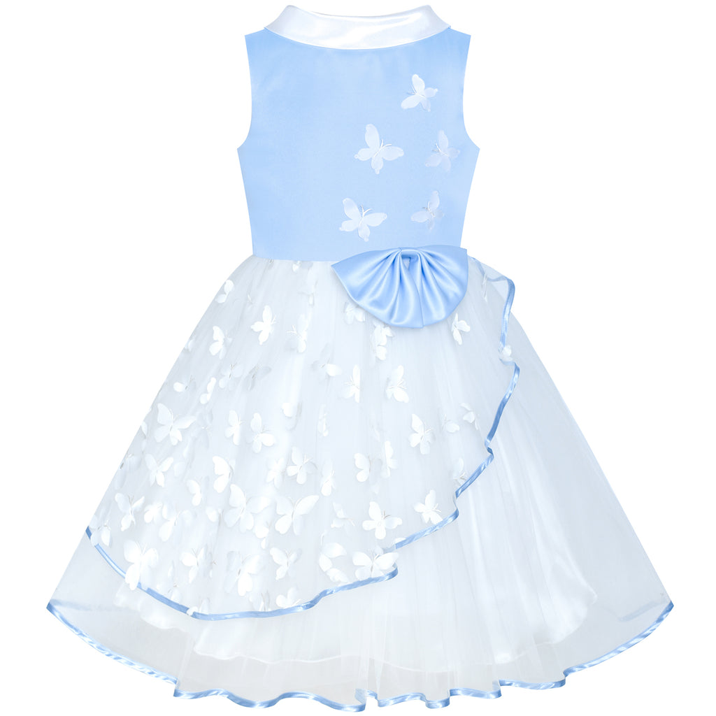 Flower Girls Dress Blue And White Butterfly Pageant Size 6-12 Years