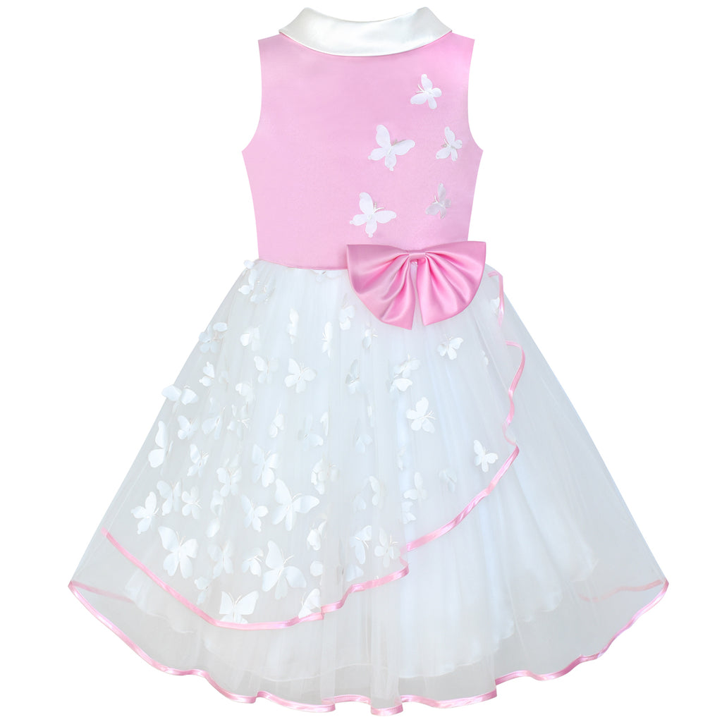 Flower Girls Dress Pink And White Butterfly Pageant Size 6-12 Years
