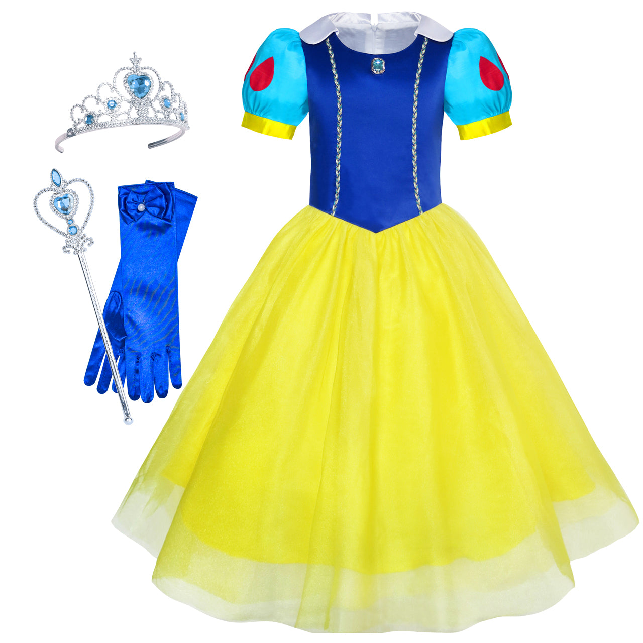 Snow White Princess Dress for Girls Yellow Blue Classic Fairy Tale Birthday Party Dress Up Clothes Tulle Ball Gown Dress Set with Accessories