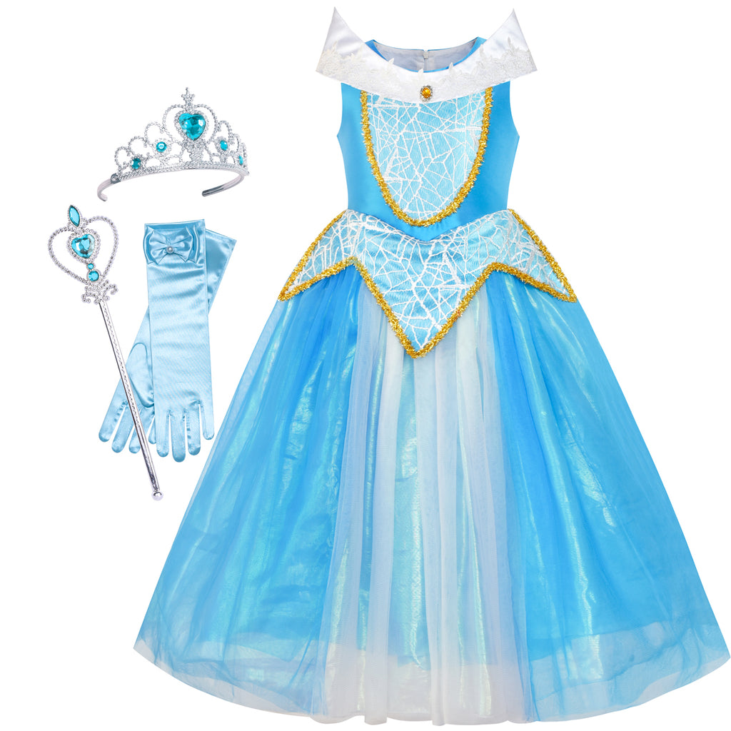 Princess Aurora Costume Briar Rose Accessories Crown Magic Wand Size 5-12 Years