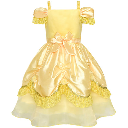 Sunny Fashion Cinderella Princess Yellow Belle Gown Costume Dress with Accessories
