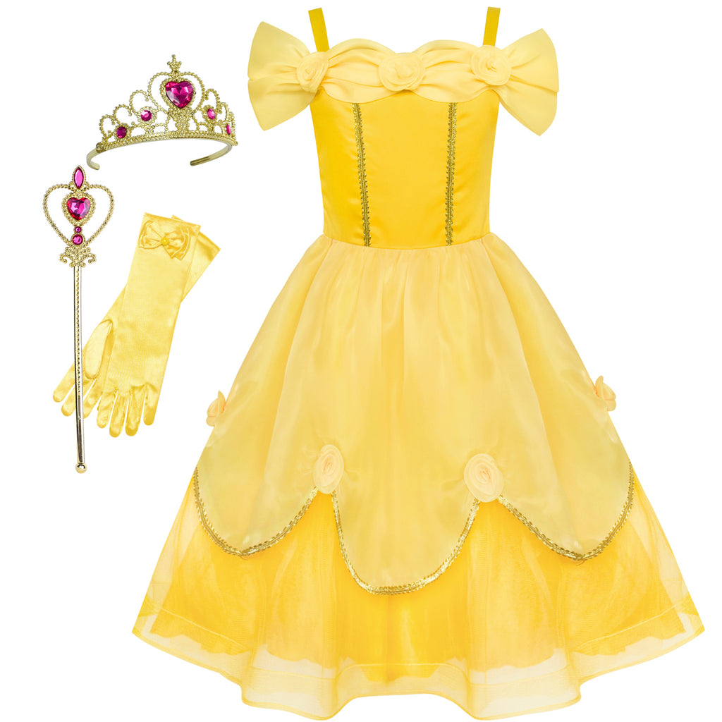 Girls Dress Belle Costume Accessories Crown Magic Wand Size 6-12 Years