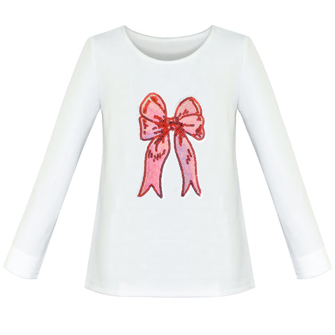Girls White T-shirt Bow Tie Long Sleeve Size 5-12 Years