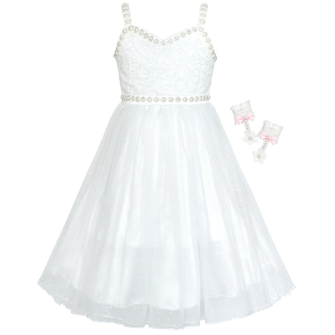 Flower Girl Dress Off White Rhinestone Gloves Wedding Party Size 6-12 Years