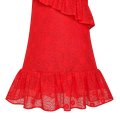 Girls Dress A-line Red Lace Ruffle Skirt Birthday Party Size 6-12 Years