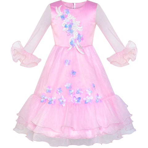 Flower Girl Dress Pink Bell Sleeve Flower Pageant Size 6-12 Years