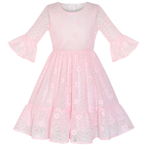 Girls Dress Pink Lotus Sleeve Lace Princess Party Dress Size 5-12 Years