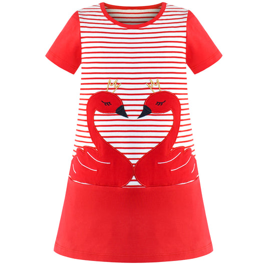 Girls Casual Dress Cotton Short Sleeve Swan Embroidered Size 2-8 Years