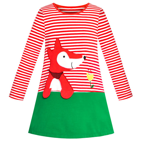 Girls Casual Dress Cotton Long Sleeve Fox Embroidered Size 2-6 Years