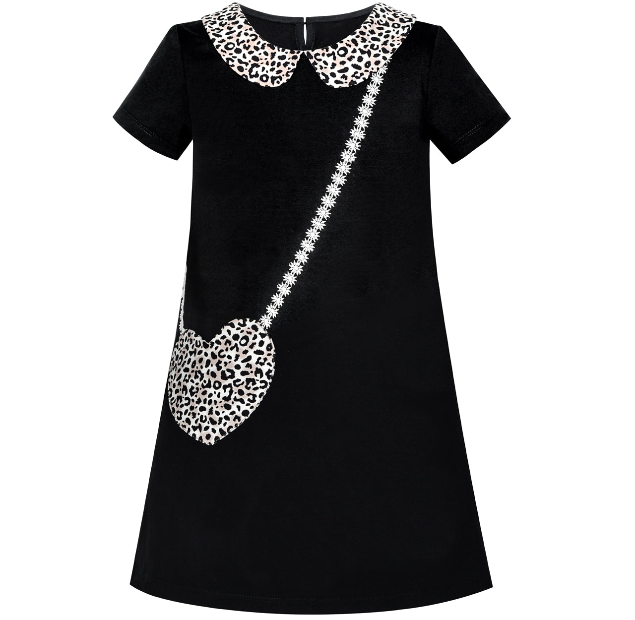 Girls Dress Casual Short Sleeve Leopard Collar Heart Pocket Bag Size 4-10 Years