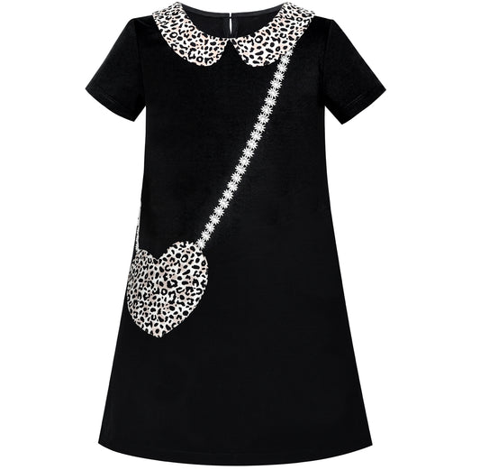 Girls Dress Casual Short Sleeve Leopard Collar Heart Pocket Bag Size 4-10 Years