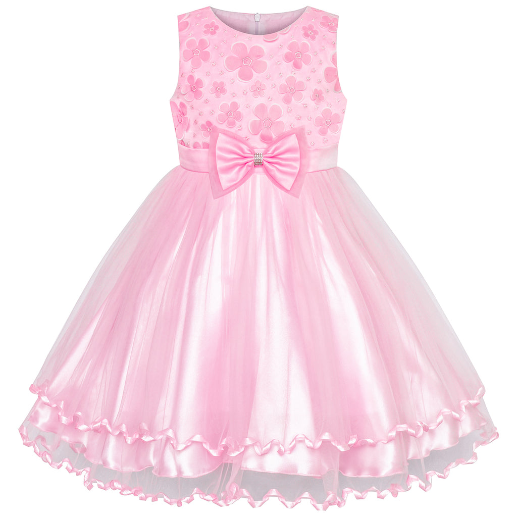 Girls Dress Pink Flower Tulle Pleated Wedding Party Size 2-10 Years