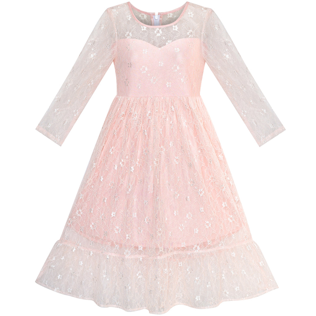 Girls Dress Lace Long Sleeve Maxi Pink Wedding Party Size 7-14 Years