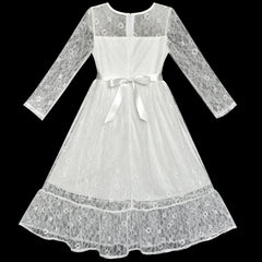 Girls Dress Lace Long Sleeve Off White Wedding Party Size 7-14 Years
