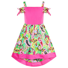 Girls Dress Cold Shoulder Paisley Green Pink Hi-low Dress Size 6-12 Years