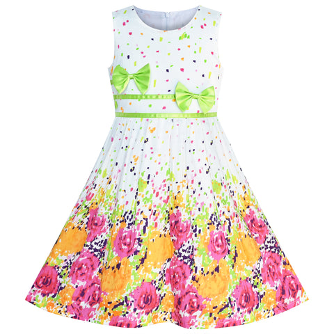 Girls Dress Flower Green Bow Tie Summer Sundress Size 4-12 Years