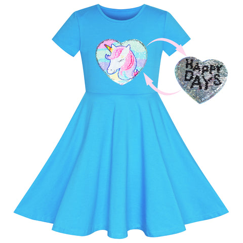 Girls Dress Unicorn Blue Short Sleeve Causal Everyday Size 4-8 Years