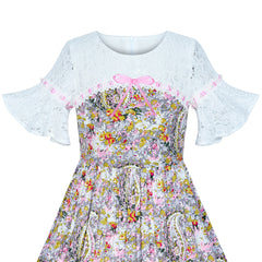 Girls Dress Lace Bell Sleeve Paisley Pattern Vintage Size 4-8 Years