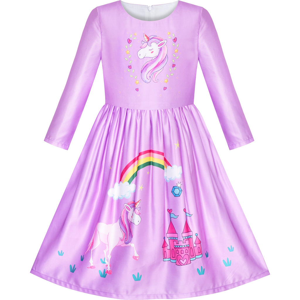Girls Dress Long Sleeve Unicorn Castle Rainbow Purple Size 5-10 Years