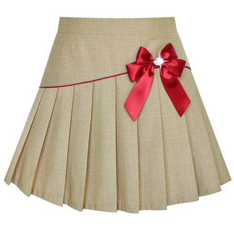 Girls Skirt Beige Pleated Bow Tie Back School Uniform Size 6-14 Years