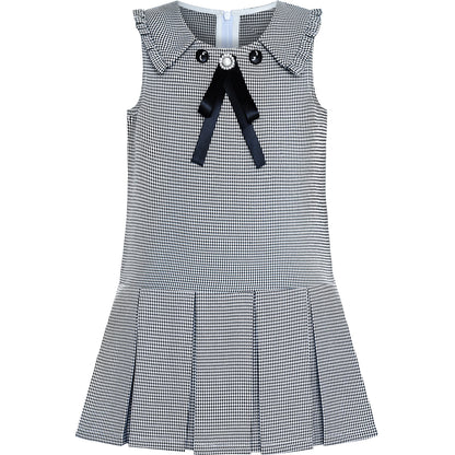 Sunny Fashion Girls Pink Plaid A-Line Dress with Bow Tie Collar