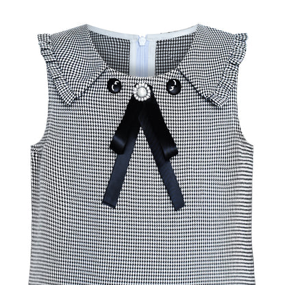 Sunny Fashion Girls Pink Plaid A-Line Dress with Bow Tie Collar