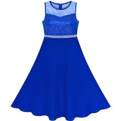 Girls Dress Blue Rhinestone Chiffon Bridesmaid Dance Maxi Gown Size 6-14 Years