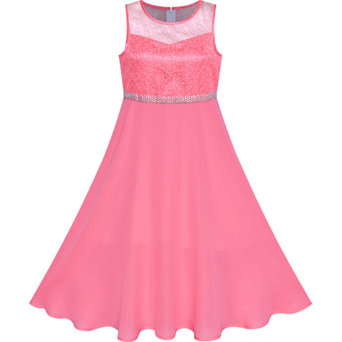 Girls Dress Coral Rhinestone Chiffon Bridesmaid Dance Maxi Gown Size 6-14 Years